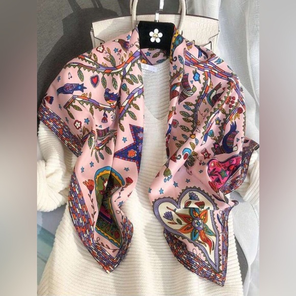 Boho Square Scarf – Pink Floral & Bird Print – Lightweight Chic Wrap – NWT - Picture 5 of 9